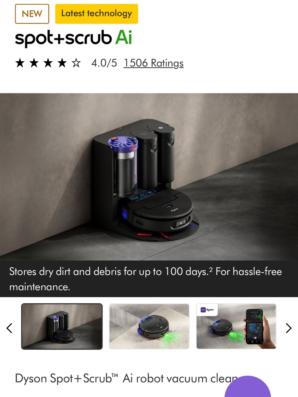 New in box.  Dyson Spot+Scrub AI Robot Vacuum in Black and Purple.  Never opened